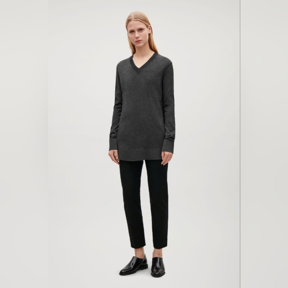 COS Fine-knit V-neck Tunic Sweater Silk Cotton Grey XS